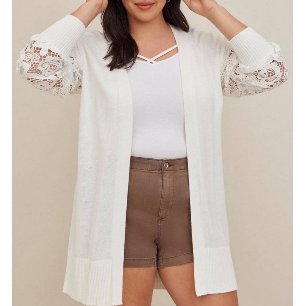 Torrid Cardigan Open Front White Women Puff Eleeve Sweater Plus size 3 Lace